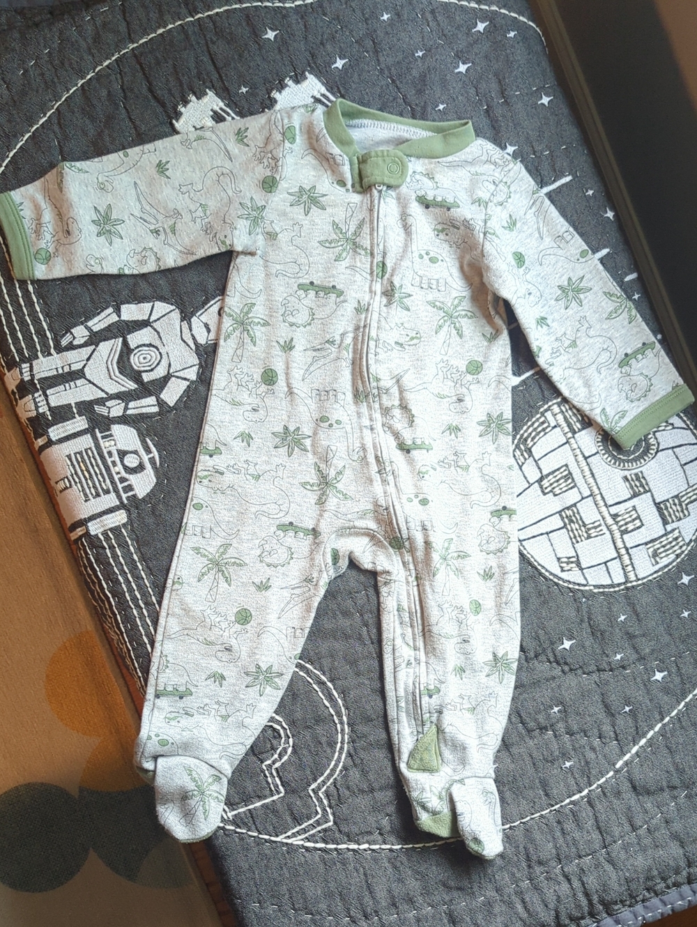 Green Dino Print Footed One-Piece for 6-9mo Baby- Soft Zip Sleepwear